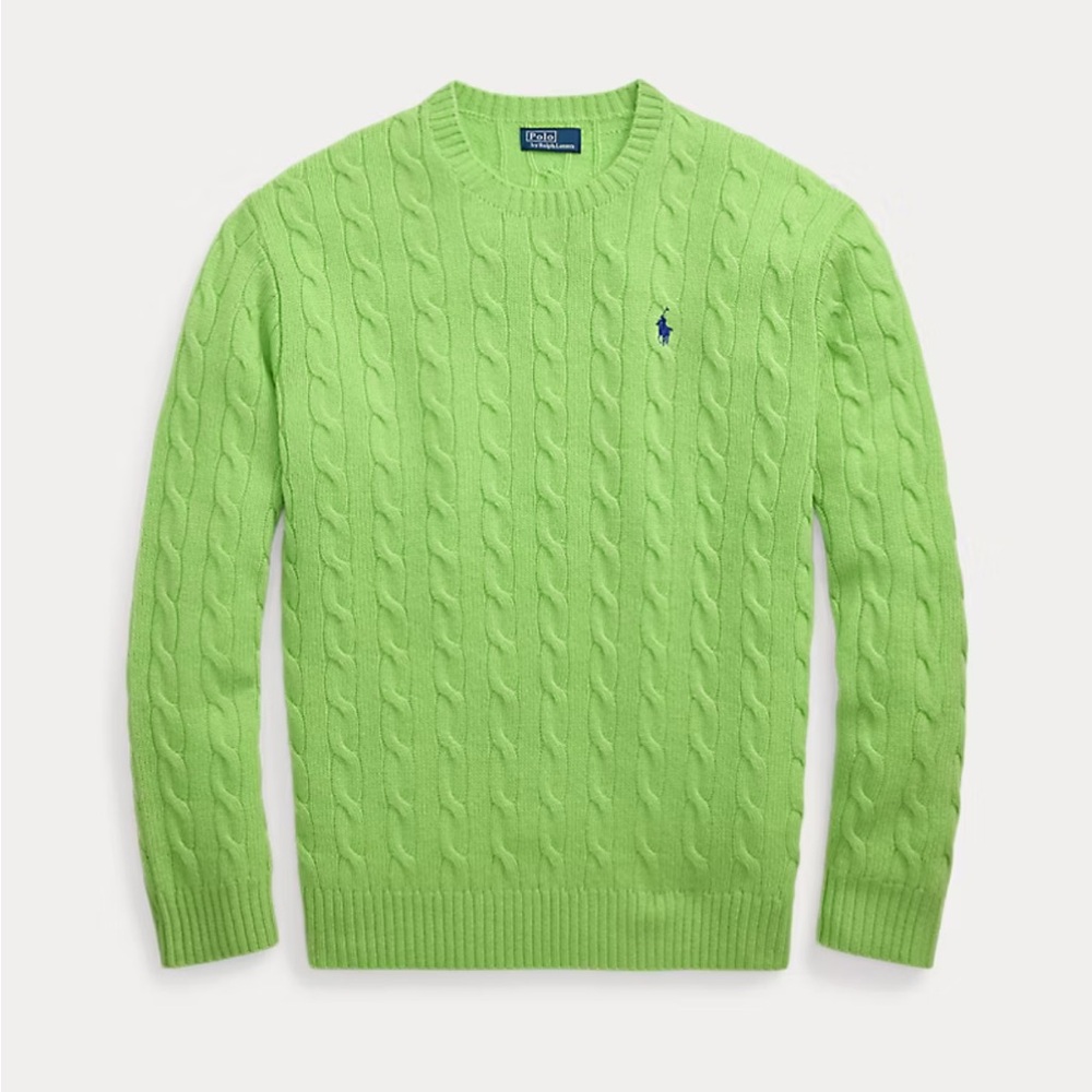 Lauren Ralph Lauren Cable-Knit Crewneck Sweater in Lime Green with Navy Logo